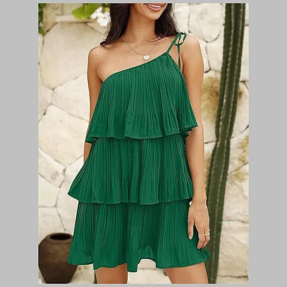 Summer One Shoulder Tie Mini Dresses Green