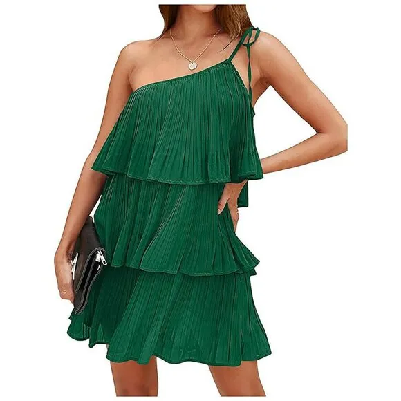 Summer One Shoulder Tie Mini Dresses Green