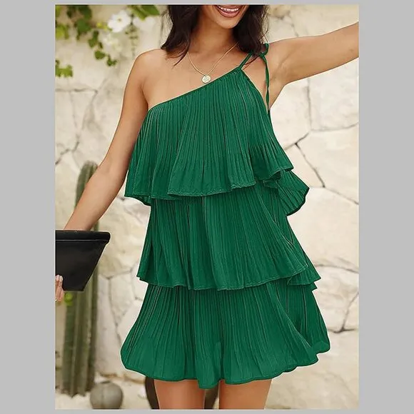 Summer One Shoulder Tie Mini Dresses Green