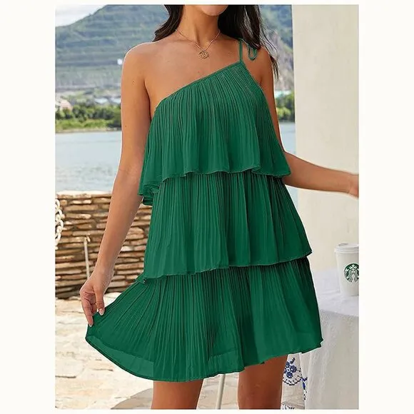 Summer One Shoulder Tie Mini Dresses Green
