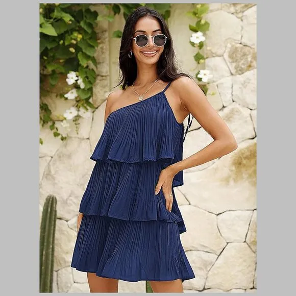 Summer One Shoulder Tie Mini Dresses Navy Blue