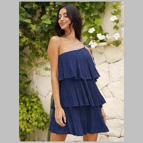 Summer One Shoulder Tie Mini Dresses Navy Blue