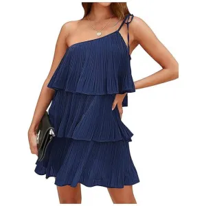 Summer One Shoulder Tie Mini Dresses Navy Blue