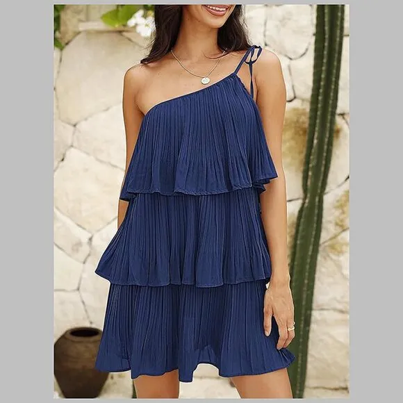 Summer One Shoulder Tie Mini Dresses Navy Blue