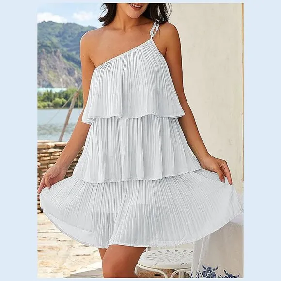 Summer One Shoulder Tie Mini Dresses White