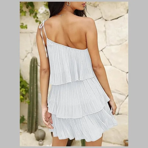 Summer One Shoulder Tie Mini Dresses White