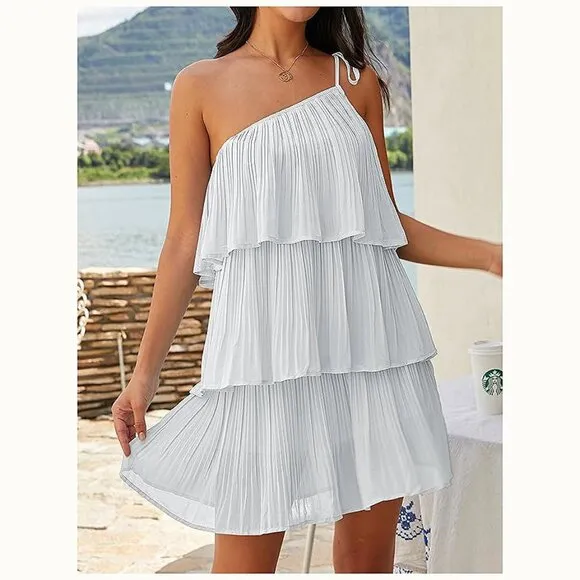 Summer One Shoulder Tie Mini Dresses White