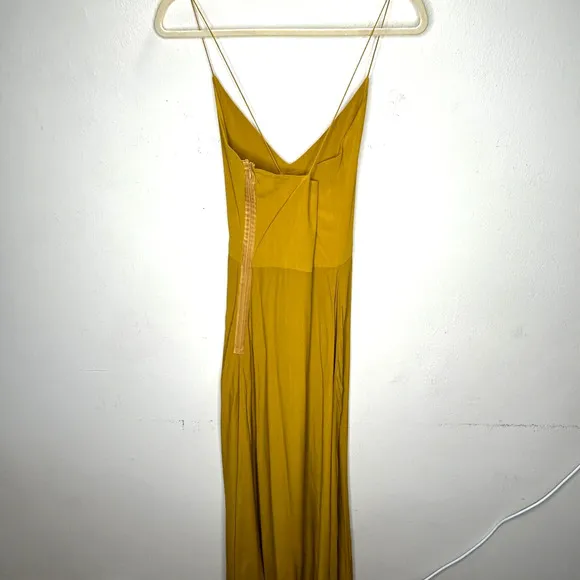 SWF Muted Mustard Yellow Spaghetti Strap V Neck Front Slit Zip Maxi Dress XS