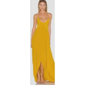 SWF Muted Mustard Yellow Spaghetti Strap V Neck Front Slit Zip Maxi Dress XS