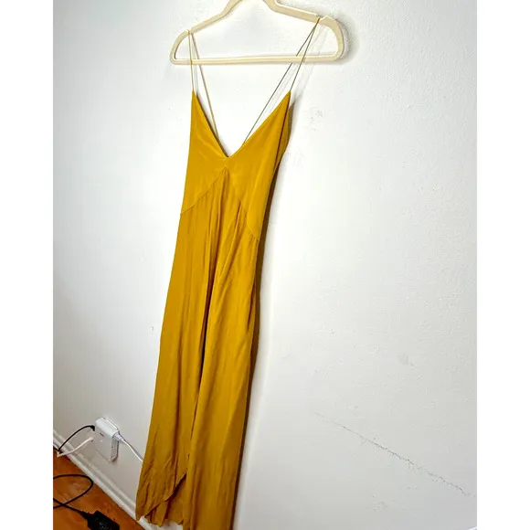 SWF Muted Mustard Yellow Spaghetti Strap V Neck Front Slit Zip Maxi Dress XS