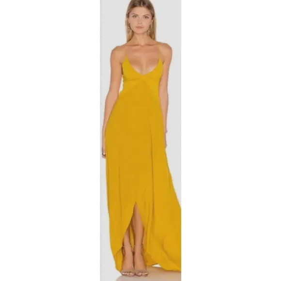 SWF Muted Mustard Yellow Spaghetti Strap V Neck Front Slit Zip Maxi Dress XS