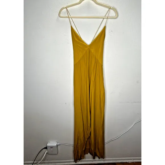 SWF Muted Mustard Yellow Spaghetti Strap V Neck Front Slit Zip Maxi Dress XS