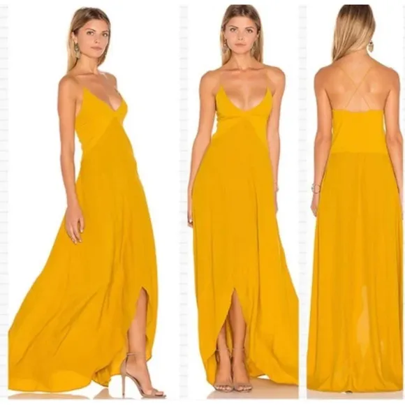 SWF Muted Mustard Yellow Spaghetti Strap V Neck Front Slit Zip Maxi Dress XS