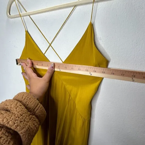 SWF Muted Mustard Yellow Spaghetti Strap V Neck Front Slit Zip Maxi Dress XS