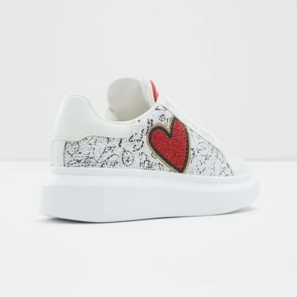 Sz9 Aldo &quot;Bemine&quot; White &amp; Silver Rhinestone Embellished Red Heart Sneakers