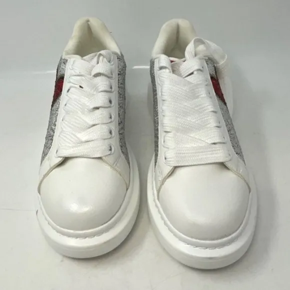 Sz9 Aldo &quot;Bemine&quot; White &amp; Silver Rhinestone Embellished Red Heart Sneakers