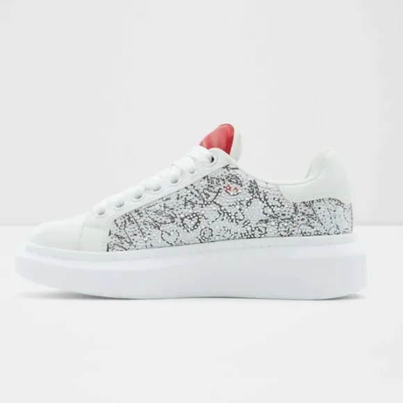 Sz9 Aldo &quot;Bemine&quot; White &amp; Silver Rhinestone Embellished Red Heart Sneakers