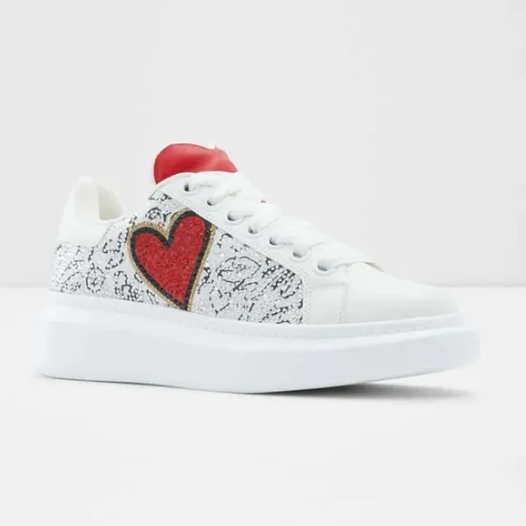Sz9 Aldo &quot;Bemine&quot; White &amp; Silver Rhinestone Embellished Red Heart Sneakers