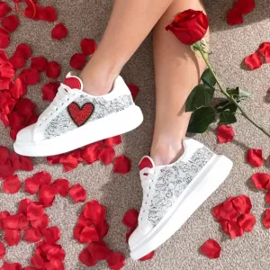 Sz9 Aldo &quot;Bemine&quot; White &amp; Silver Rhinestone Embellished Red Heart Sneakers