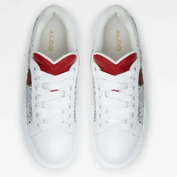 Sz9 Aldo &quot;Bemine&quot; White &amp; Silver Rhinestone Embellished Red Heart Sneakers