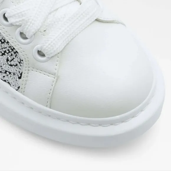 Sz9 Aldo &quot;Bemine&quot; White &amp; Silver Rhinestone Embellished Red Heart Sneakers