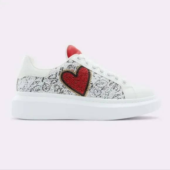 Sz9 Aldo &quot;Bemine&quot; White &amp; Silver Rhinestone Embellished Red Heart Sneakers