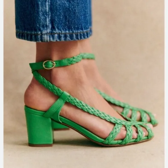 Sézane Natacha Woven Sandals in Green Size EU 40/US 9 Leather Heeled