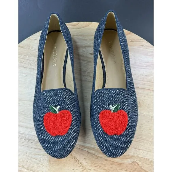 Talbots Ryan Apple Appilique Denim Teacher Loafer Flats Shoes Women's Size 8M