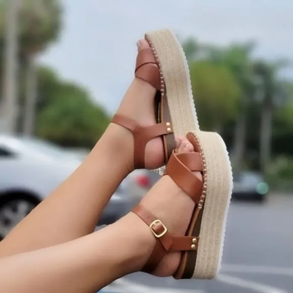 Tan Buckle Ankle Strap Platform Sandal Wedge