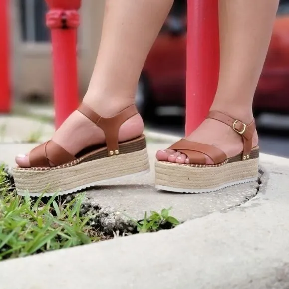 Tan Buckle Ankle Strap Platform Sandal Wedge
