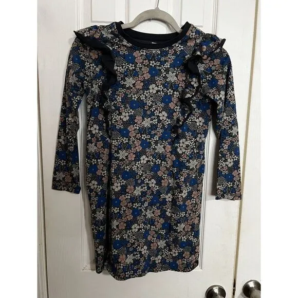 TEA COLLECTION Ruffled Shoulder Flower Patch Dress - Indigo ‎ Girls 10