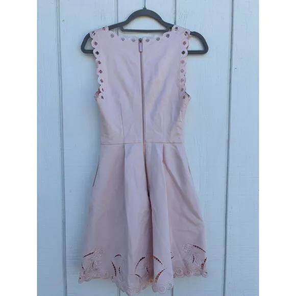 Ted Baker Emalise V Neck Embroidered Skater Dress, Pink, Sz 1 (Sz 4)