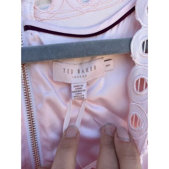 Ted Baker Emalise V Neck Embroidered Skater Dress, Pink, Sz 1 (Sz 4)