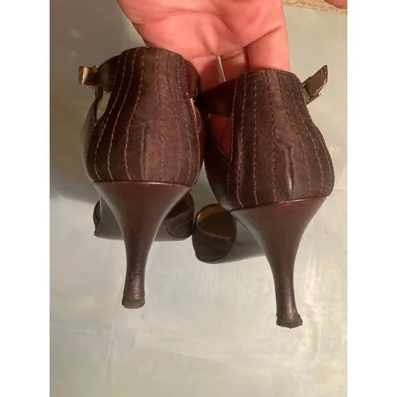 Ted Baker T-Strap Heels Vintage 00s 1940's Vibe ~ Leather &amp; Satin! Sz 40