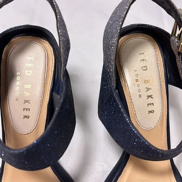 TED Baker London Blue &amp; Silver Glitter Heeled Sandals. Size 37. US size 6.5