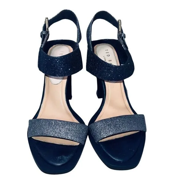 TED Baker London Blue &amp; Silver Glitter Heeled Sandals. Size 37. US size 6.5