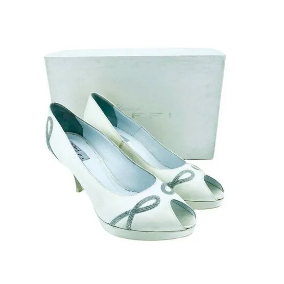 Tiffi Bridal Shoes Made in Italy Peep Toe White Satin Rhinestone Pumps SZ 41 EU