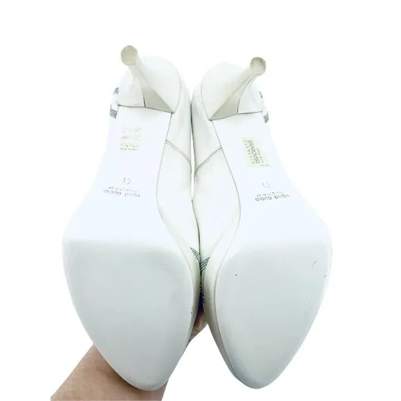Tiffi Bridal Shoes Made in Italy Peep Toe White Satin Rhinestone Pumps SZ 41 EU