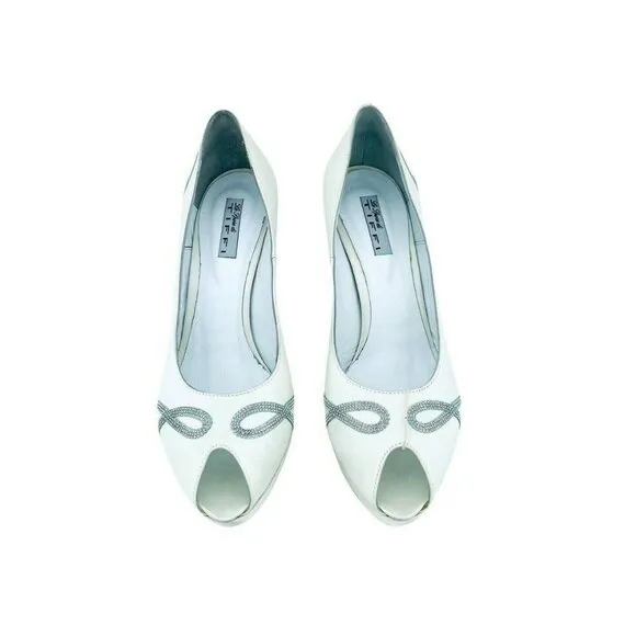 Tiffi Bridal Shoes Made in Italy Peep Toe White Satin Rhinestone Pumps SZ 41 EU