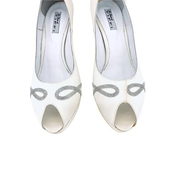 Tiffi Bridal Shoes Made in Italy Peep Toe White Satin Rhinestone Pumps SZ 41 EU