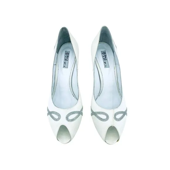 Tiffi Bridal Shoes Made in Italy Peep Toe White Satin Rhinestone Pumps SZ 41 EU