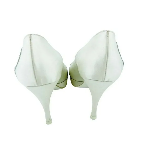 Tiffi Bridal Shoes Made in Italy Peep Toe White Satin Rhinestone Pumps SZ 41 EU