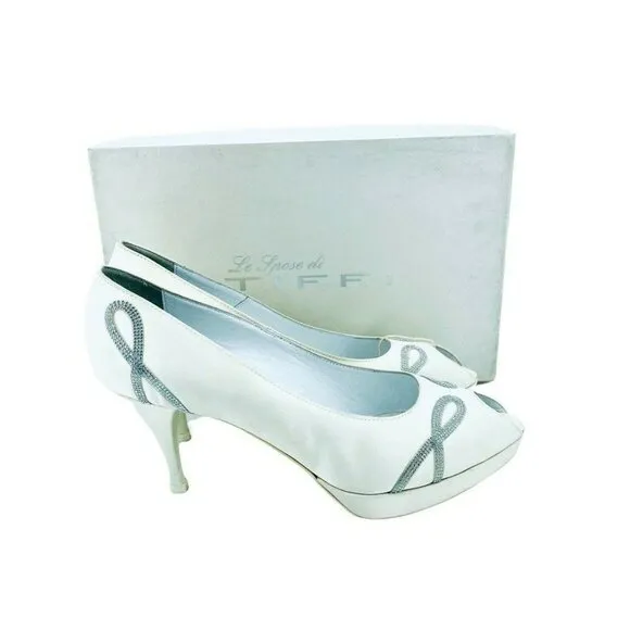 Tiffi Bridal Shoes Made in Italy Peep Toe White Satin Rhinestone Pumps SZ 41 EU