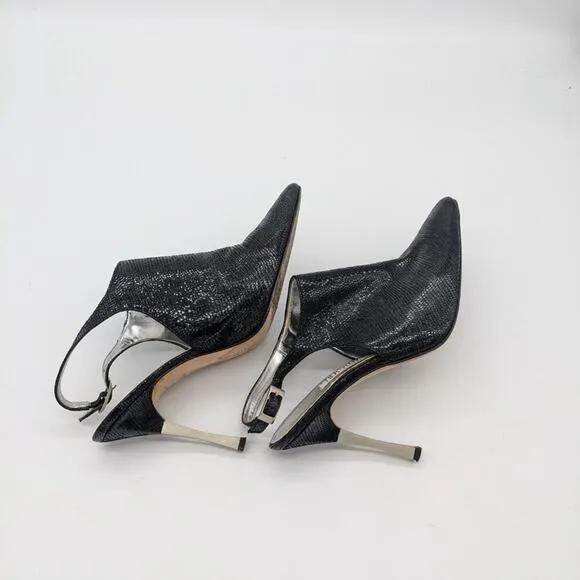 Timothy Hitsman Women's Black Pointed Toe Sling Back Metal Heels Size 8.5