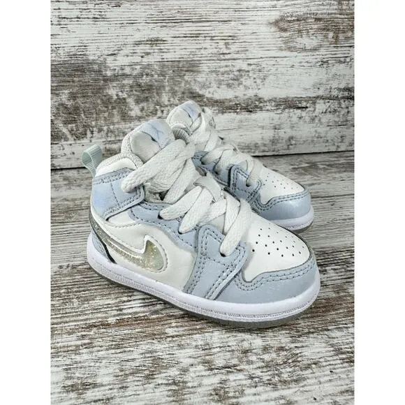Toddler Nike Air Jordan 1 Mid SE 'Glitter Swoosh' White/Blue Sneakers Sz 4C