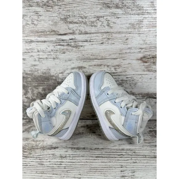Toddler Nike Air Jordan 1 Mid SE 'Glitter Swoosh' White/Blue Sneakers Sz 4C