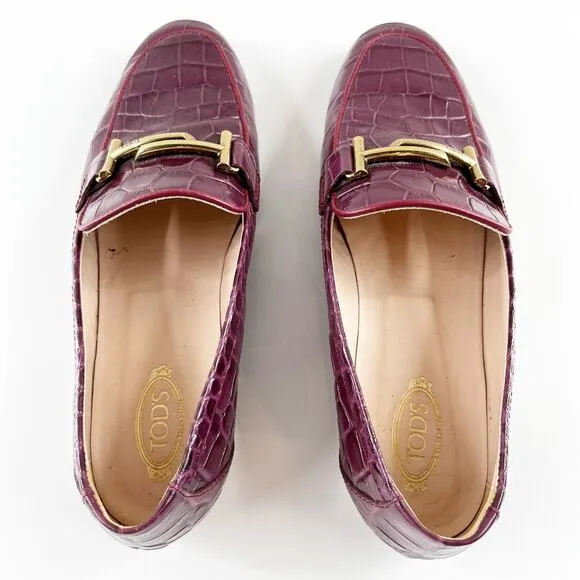Tod's Kate Croc Embossed Leather Loafer Shoes Rosso Primitivo Maroon Red 38