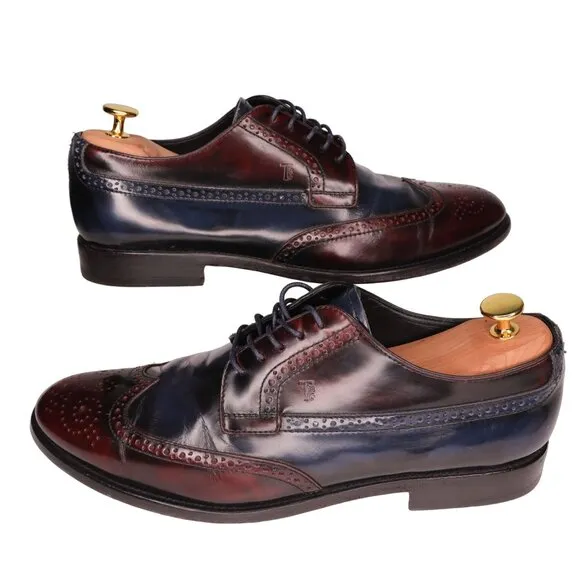 Tod's Men 10.5 Italy Burgundy Navy Blue Leather Wingtip Dress Shoes Derby Oxford