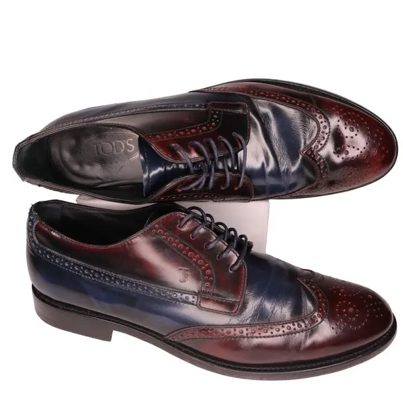 Tod's Men 10.5 Italy Burgundy Navy Blue Leather Wingtip Dress Shoes Derby Oxford