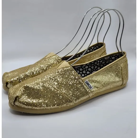 Toms Flats Womens Size 9 Gold Glitter Sparkly Slip On Classic Canvas Shoes